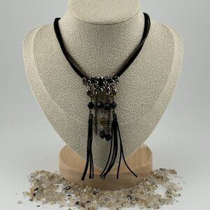 *NEW* Black Cloth and Leather Dangling Black Gem Necklace